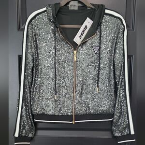 GUESS Green Sequin Zip-Up Bomber Jacket with Black Trim